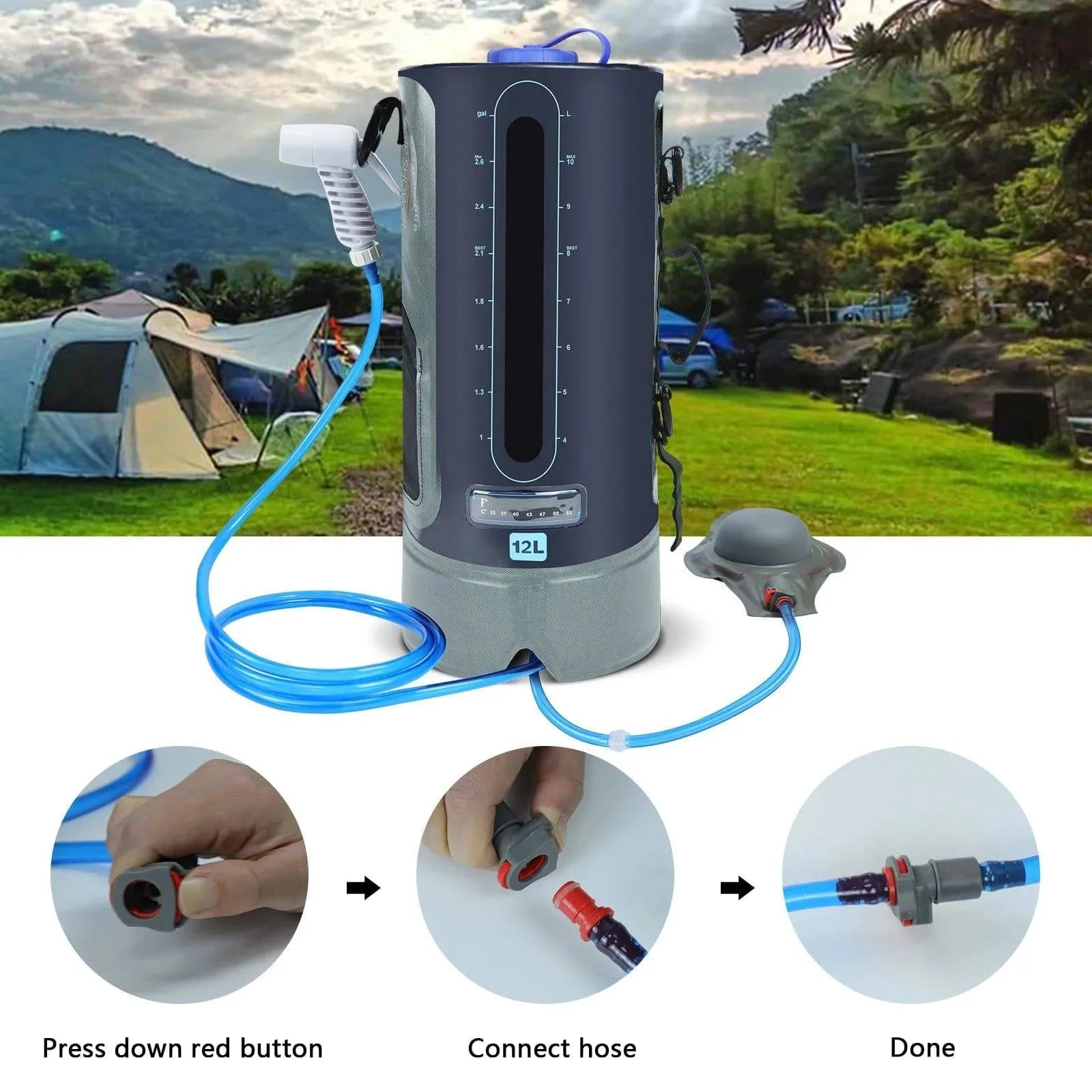 12/20L Outdoor Camping Tourism Shower Bag Folding Water Bag Container Sack with Air Pump 1.9m Hose Shower Head for Hiking Picnic