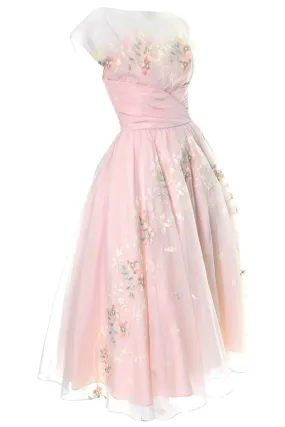 1950s Vintage Dress Pink Fairytale Gown Floral Embroidery Full Skirt