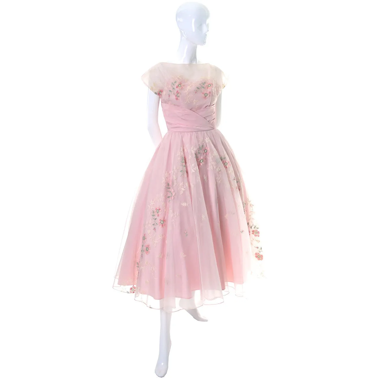 1950s Vintage Dress Pink Fairytale Gown Floral Embroidery Full Skirt