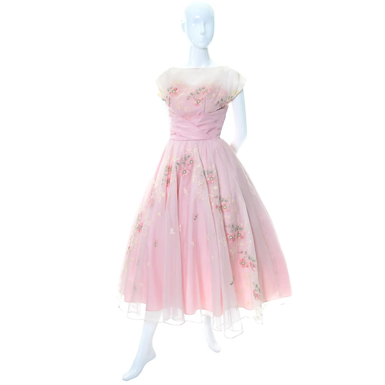 1950s Vintage Dress Pink Fairytale Gown Floral Embroidery Full Skirt