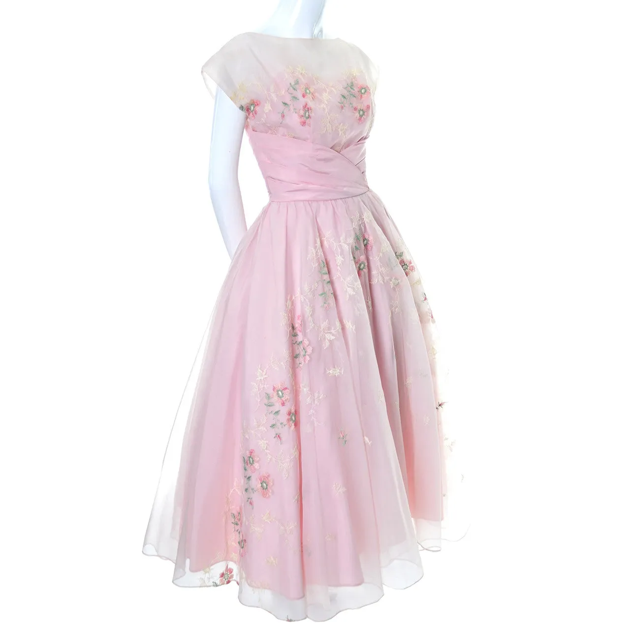 1950s Vintage Dress Pink Fairytale Gown Floral Embroidery Full Skirt