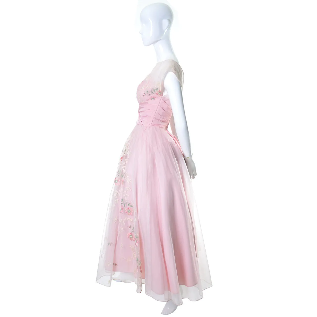 1950s Vintage Dress Pink Fairytale Gown Floral Embroidery Full Skirt