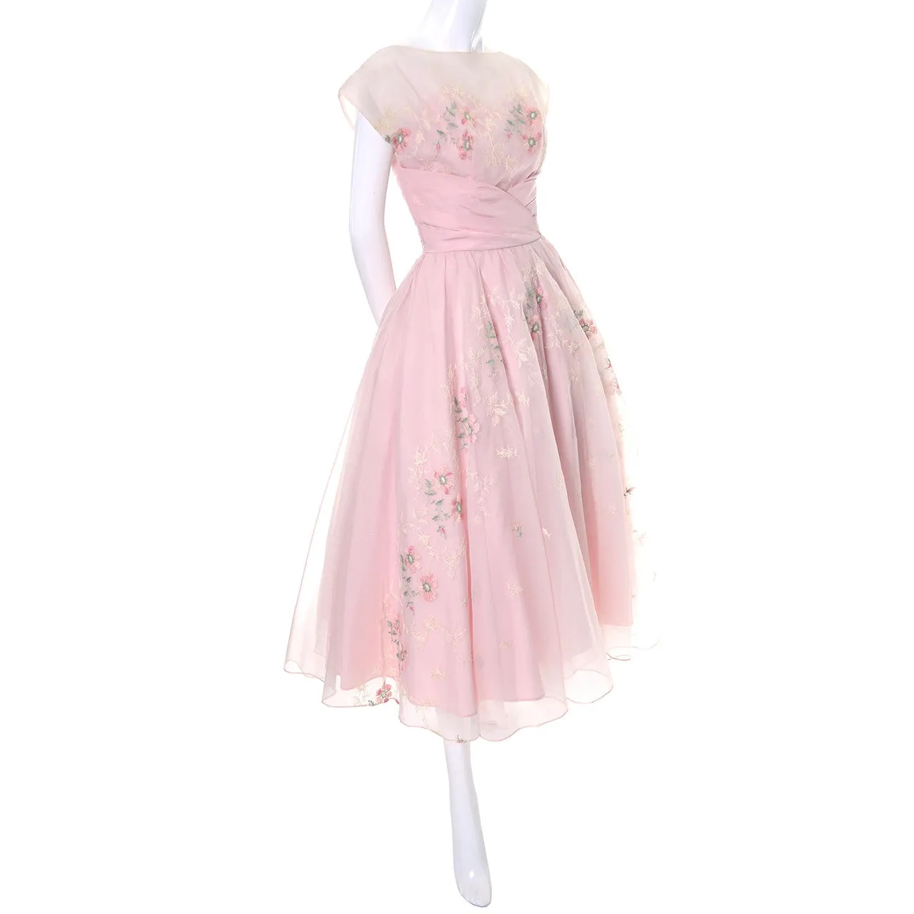 1950s Vintage Dress Pink Fairytale Gown Floral Embroidery Full Skirt