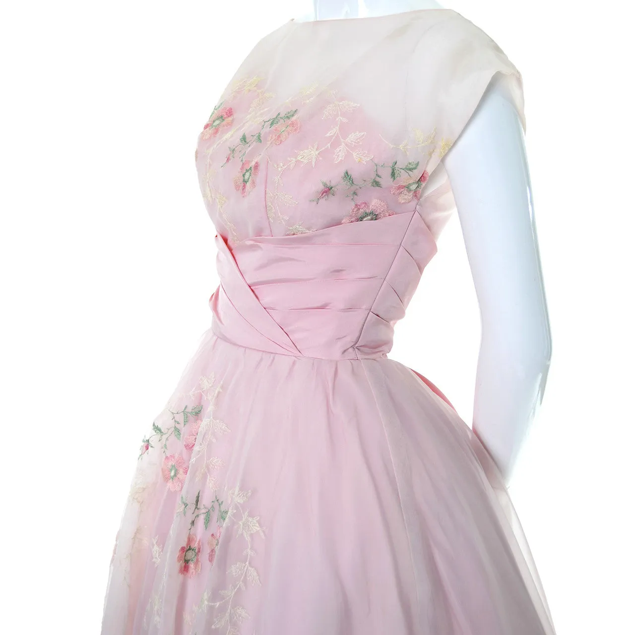 1950s Vintage Dress Pink Fairytale Gown Floral Embroidery Full Skirt