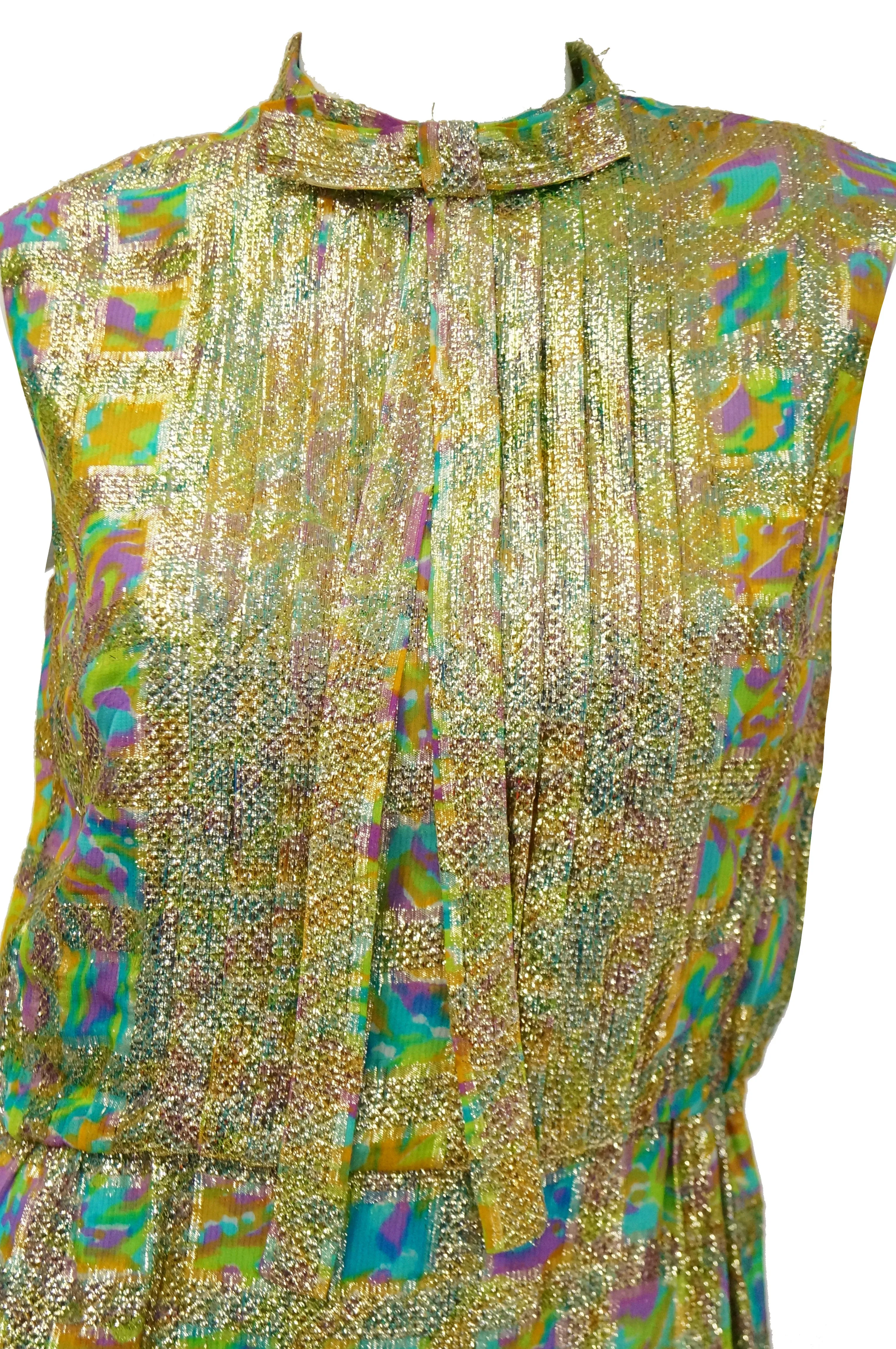 1960s Saks Fifth Avenue Blue & Gold Lame Psychedelic Swirl Cocktail Dress