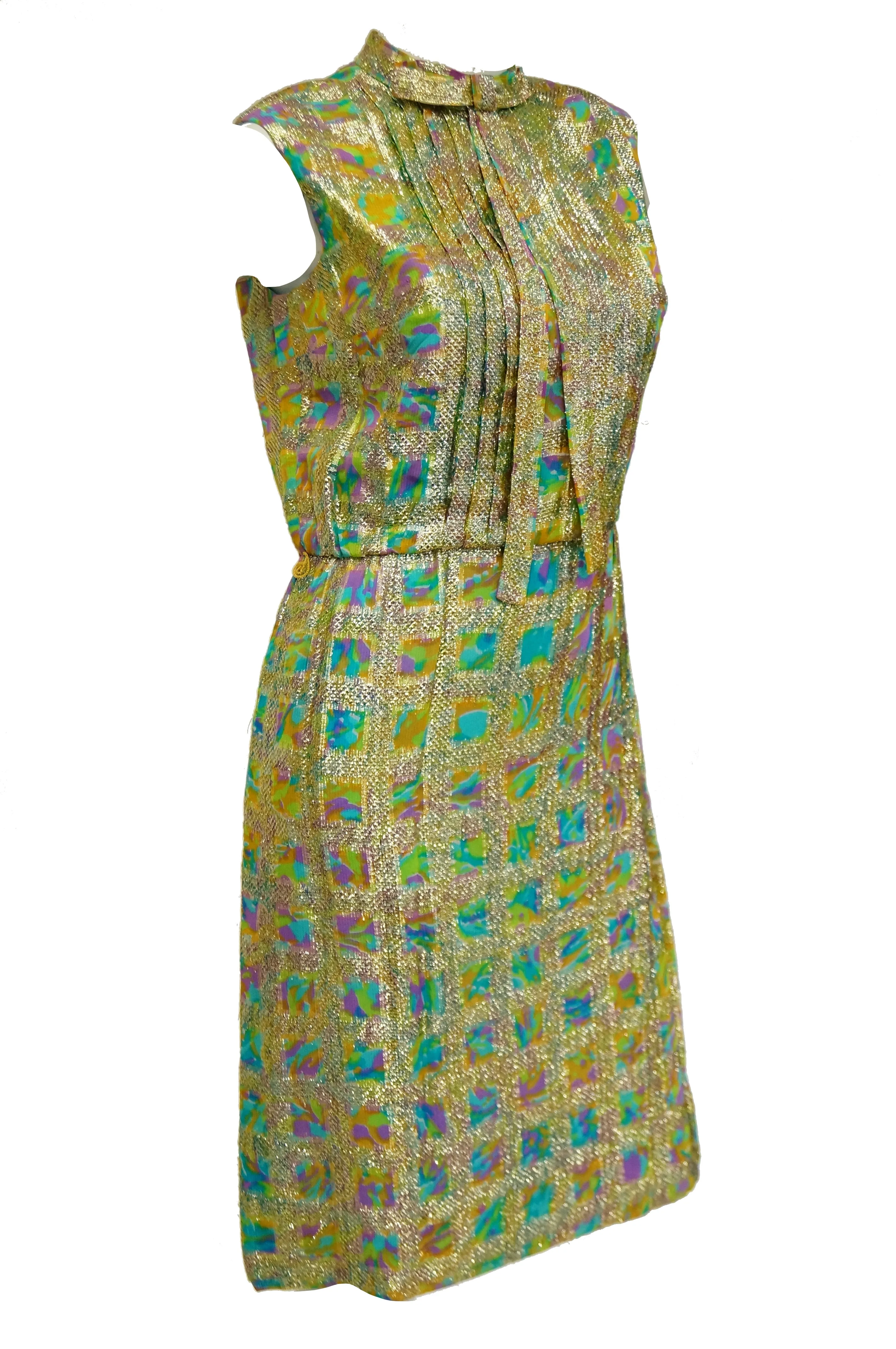 1960s Saks Fifth Avenue Blue & Gold Lame Psychedelic Swirl Cocktail Dress