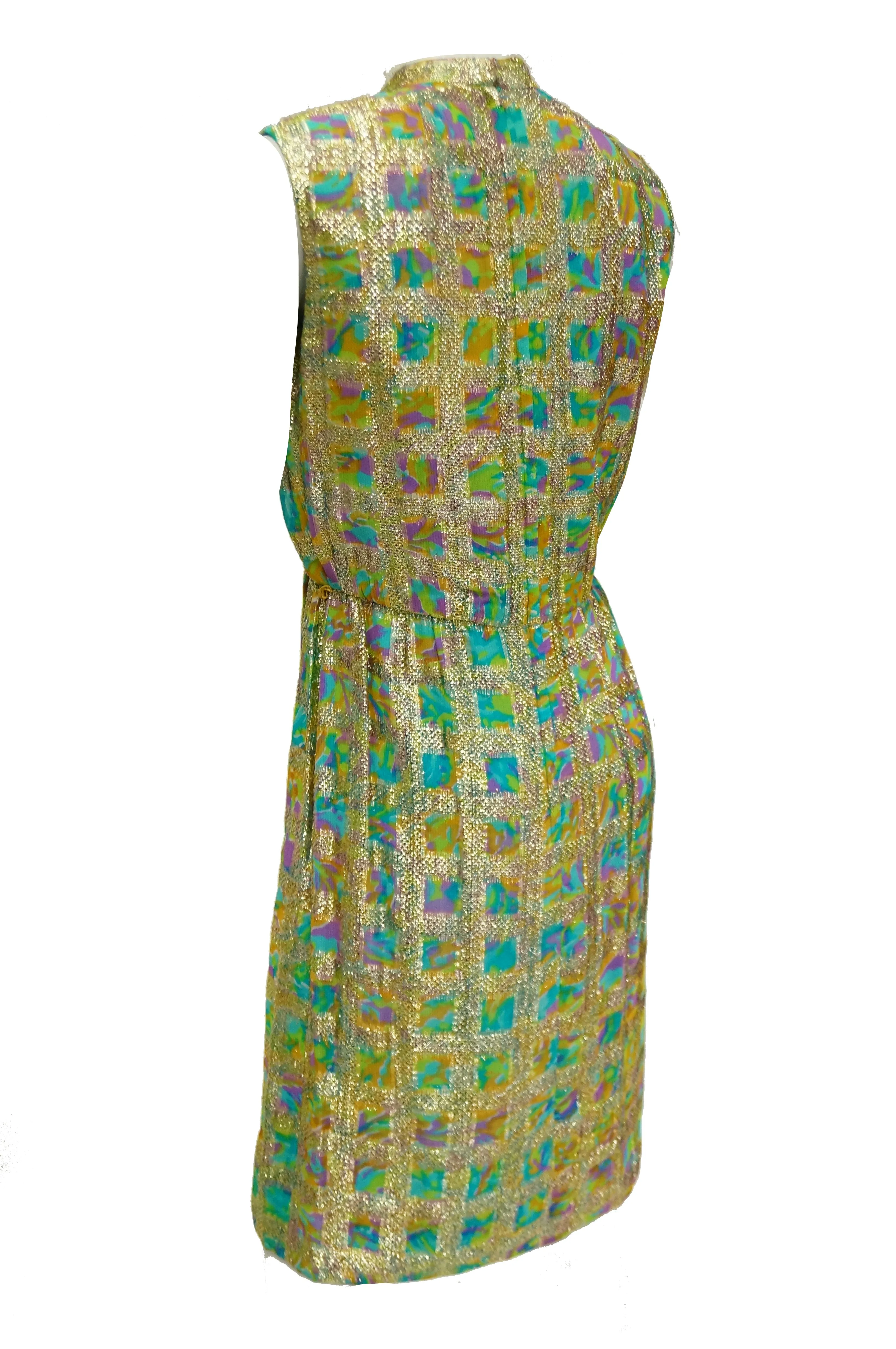 1960s Saks Fifth Avenue Blue & Gold Lame Psychedelic Swirl Cocktail Dress