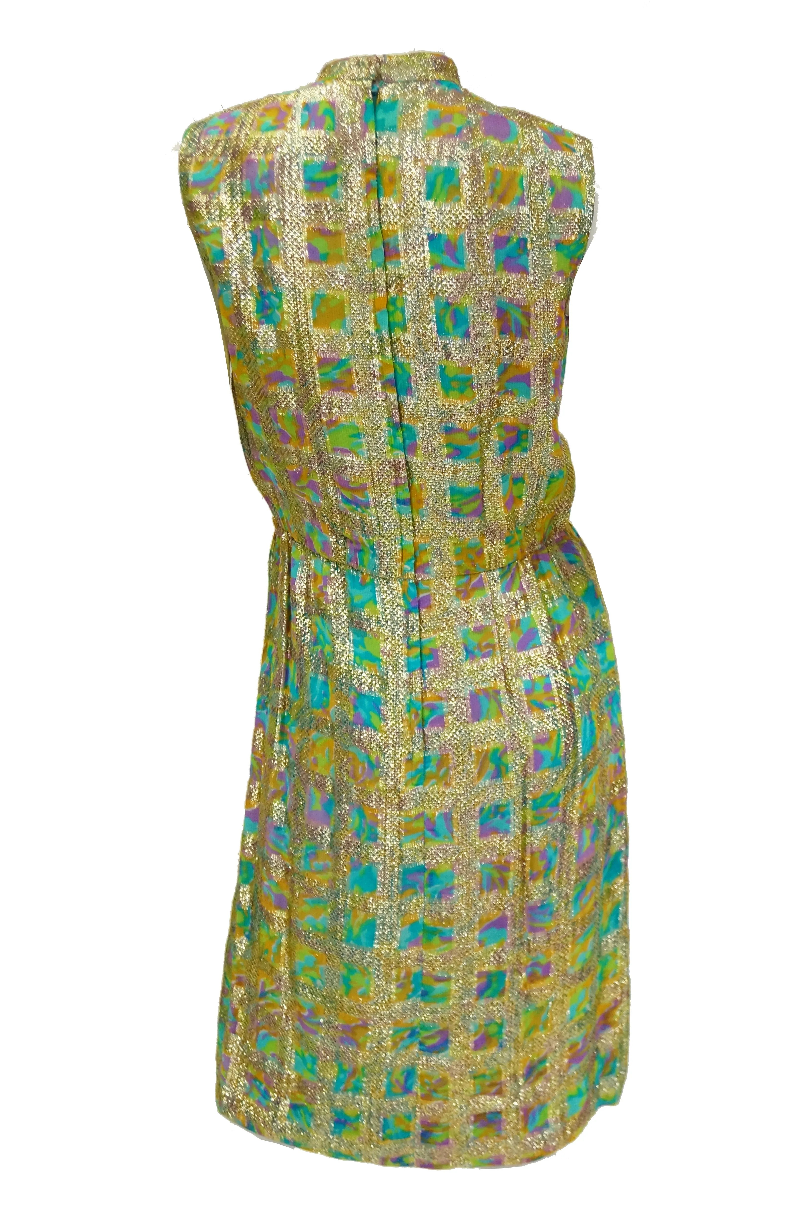 1960s Saks Fifth Avenue Blue & Gold Lame Psychedelic Swirl Cocktail Dress