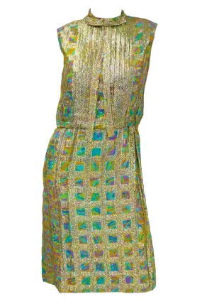 1960s Saks Fifth Avenue Blue & Gold Lame Psychedelic Swirl Cocktail Dress