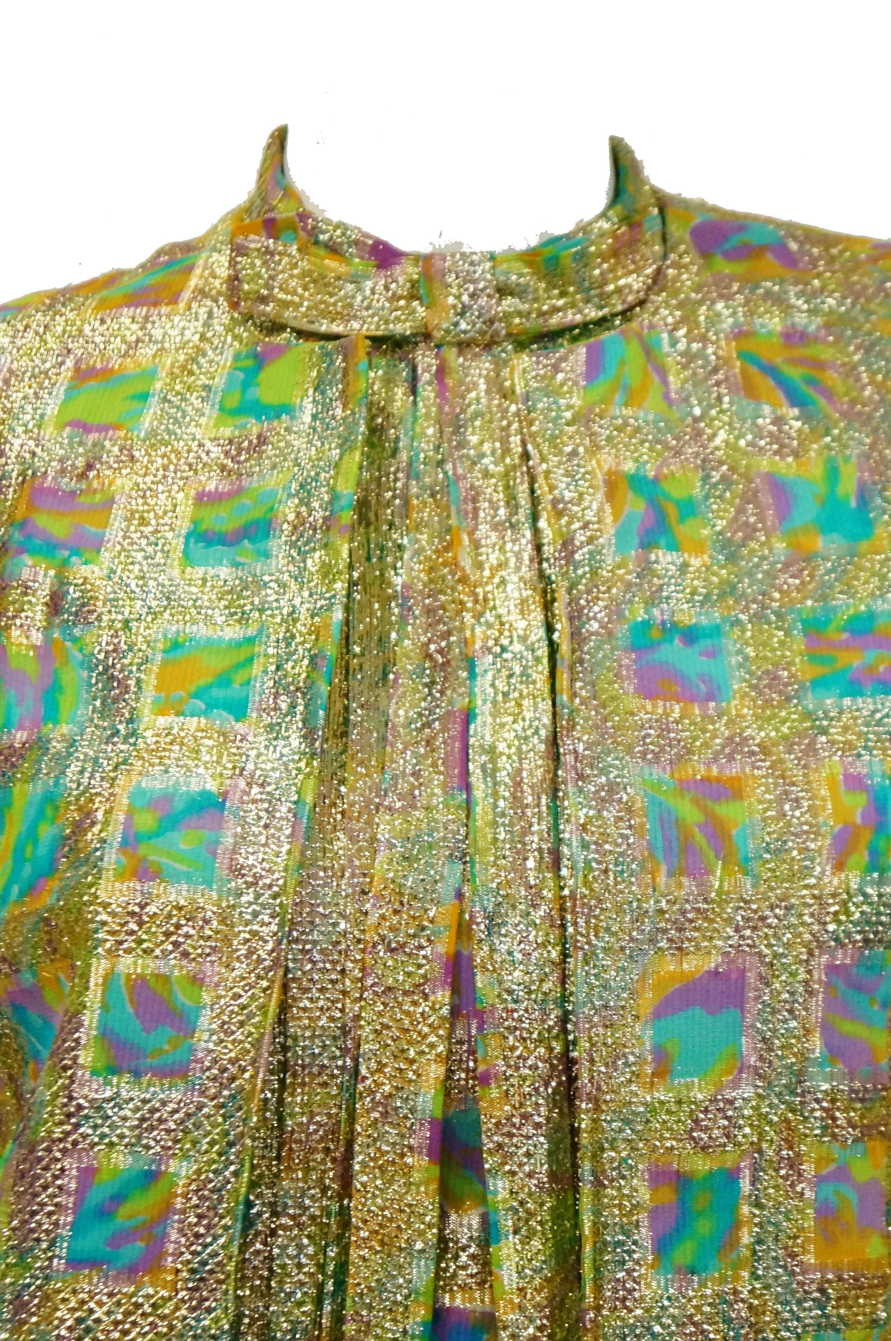 1960s Saks Fifth Avenue Blue & Gold Lame Psychedelic Swirl Cocktail Dress