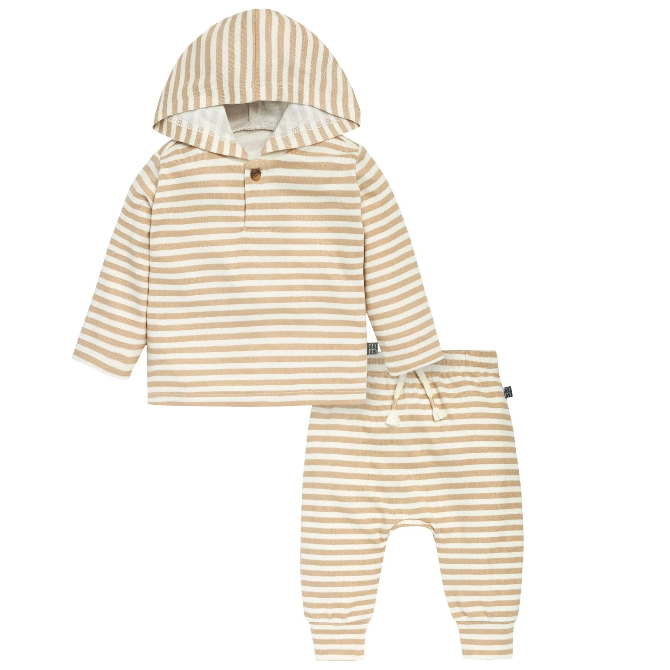 2-Piece Baby Boys Light Tan Stripe Hacci Hooded Top and Joggers Set