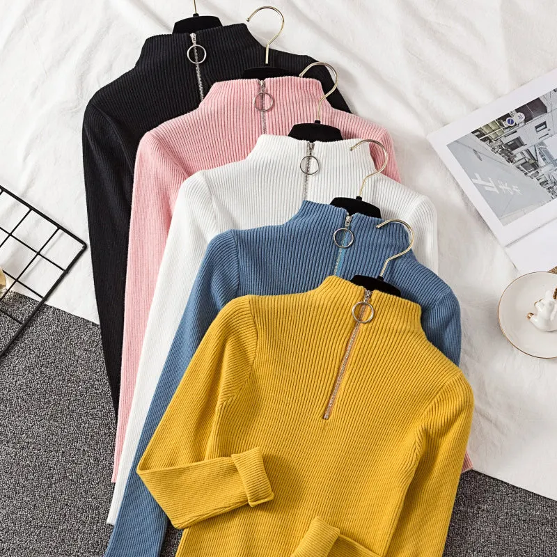 2019 Autumn Winter Women Knitted Sweaters Pullovers Turtleneck Long Sleeve Solid Color Slim Elastic Zipper Female Sweater Top