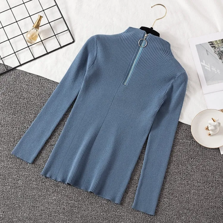 2019 Autumn Winter Women Knitted Sweaters Pullovers Turtleneck Long Sleeve Solid Color Slim Elastic Zipper Female Sweater Top