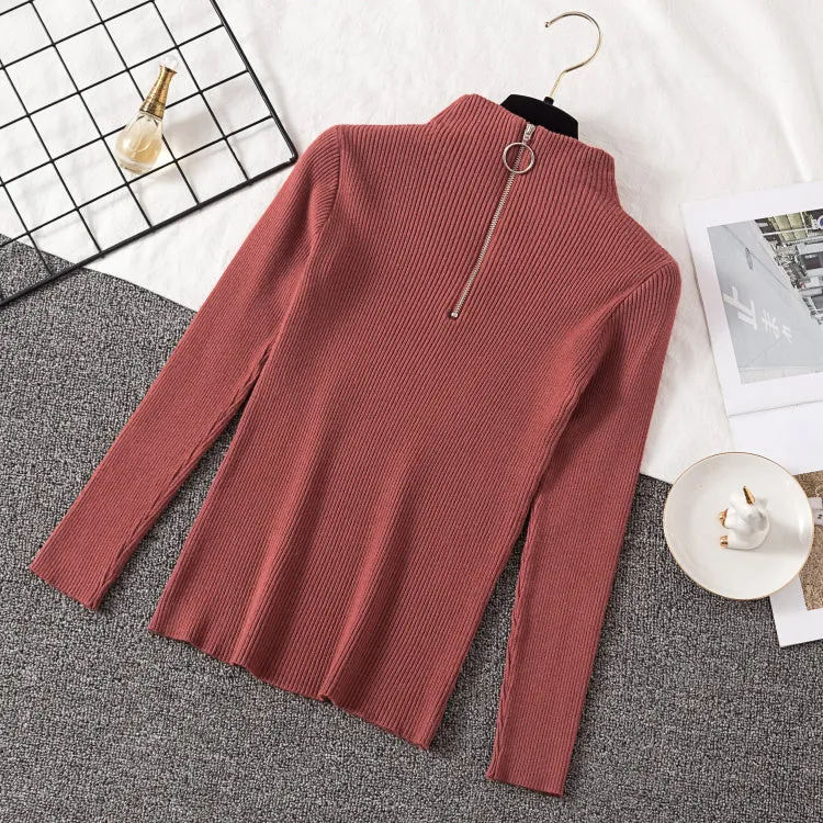 2019 Autumn Winter Women Knitted Sweaters Pullovers Turtleneck Long Sleeve Solid Color Slim Elastic Zipper Female Sweater Top