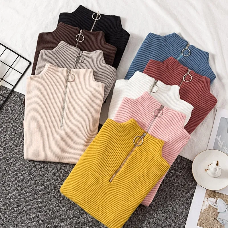 2019 Autumn Winter Women Knitted Sweaters Pullovers Turtleneck Long Sleeve Solid Color Slim Elastic Zipper Female Sweater Top