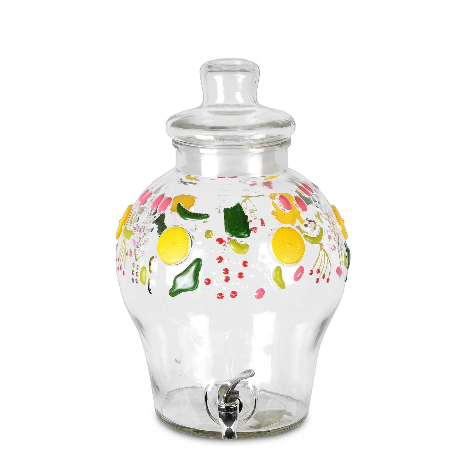 3 Gallon Glass Beverage Dispenser, with Fruit Design and Chrome Valve