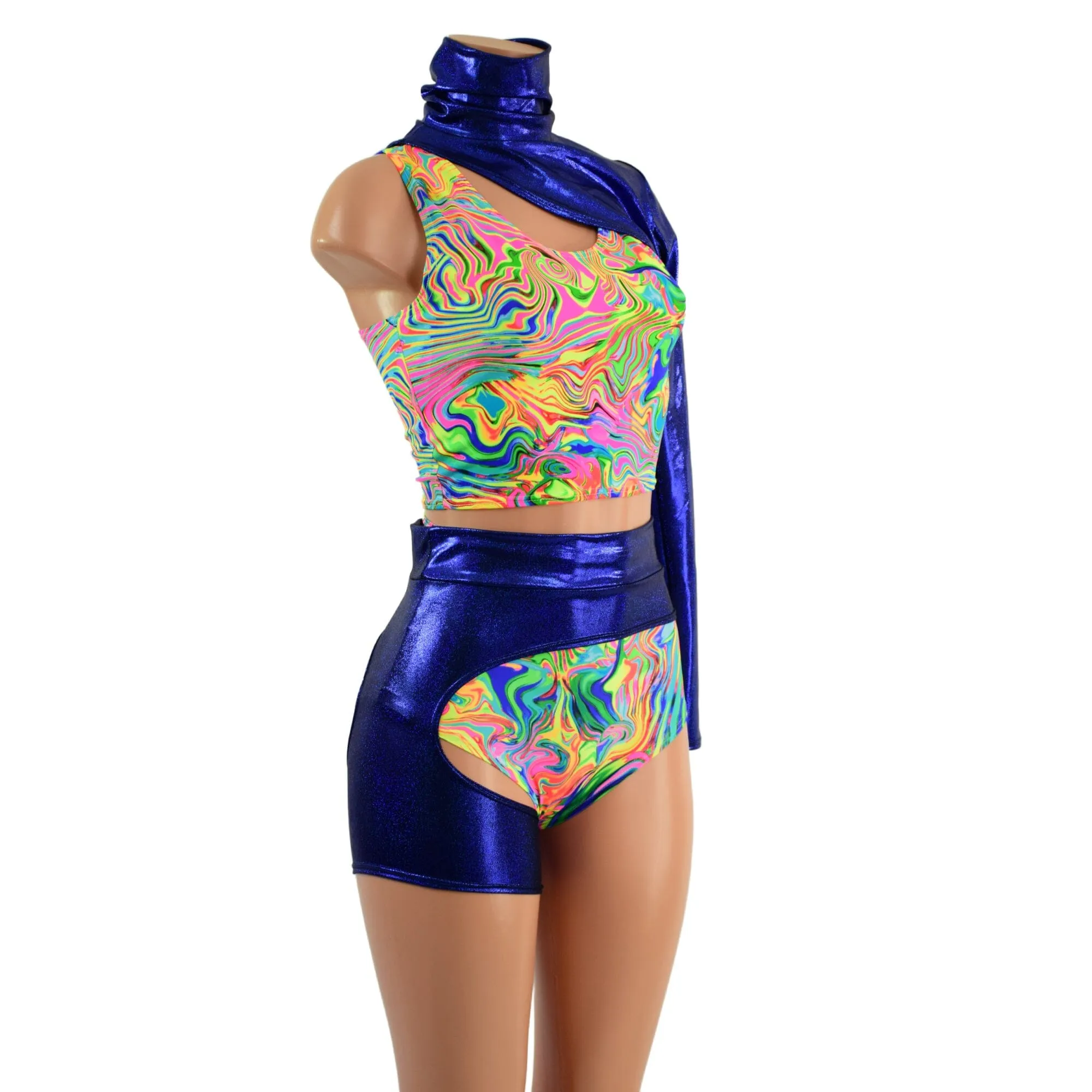 4PC Racerback Crop, Siren Shorts, One Leg Garter, and One Sleeve Snap Back Bolero Set