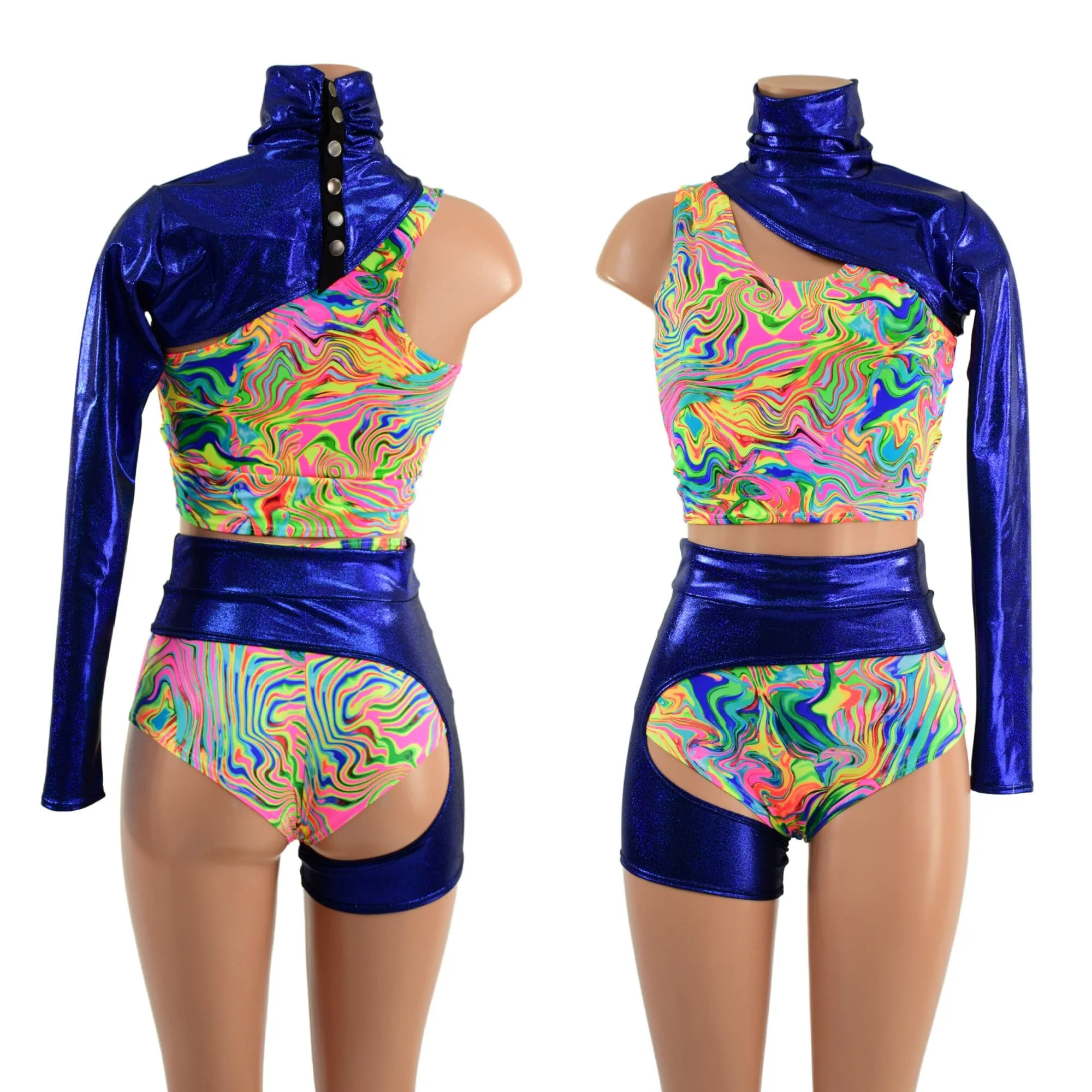 4PC Racerback Crop, Siren Shorts, One Leg Garter, and One Sleeve Snap Back Bolero Set