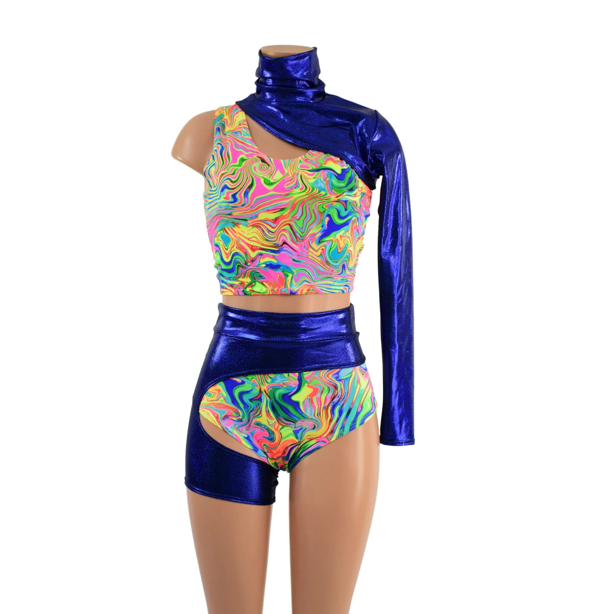 4PC Racerback Crop, Siren Shorts, One Leg Garter, and One Sleeve Snap Back Bolero Set