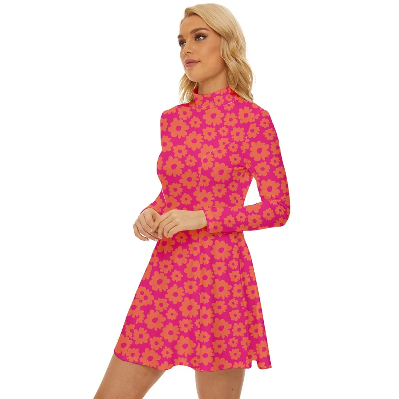 60s Dress Style, Mod Dress, Pink Mod Dress, Turtle neck dress, GOGO Dress, 60s style dress, 60s mini dress, Floral Dress, Retro Dress