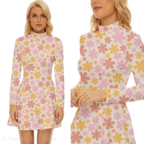 60s Dress Style, Mod Dress, Pink Mod Dress, Turtle neck dress, GOGO Dress, 60s style dress, 60s mini dress, Pink Floral Dress, Retro Dress