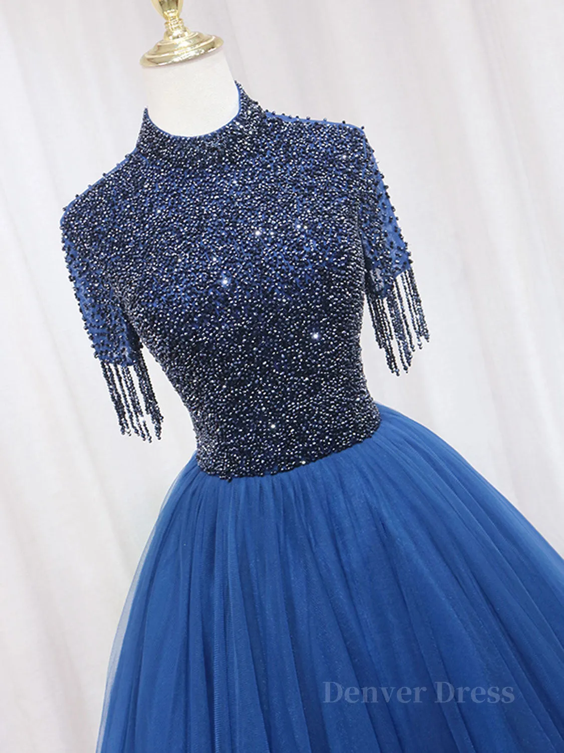 A-Line Tulle Blue Long Prom Dress, Blue Formal Evening Dress with Beading