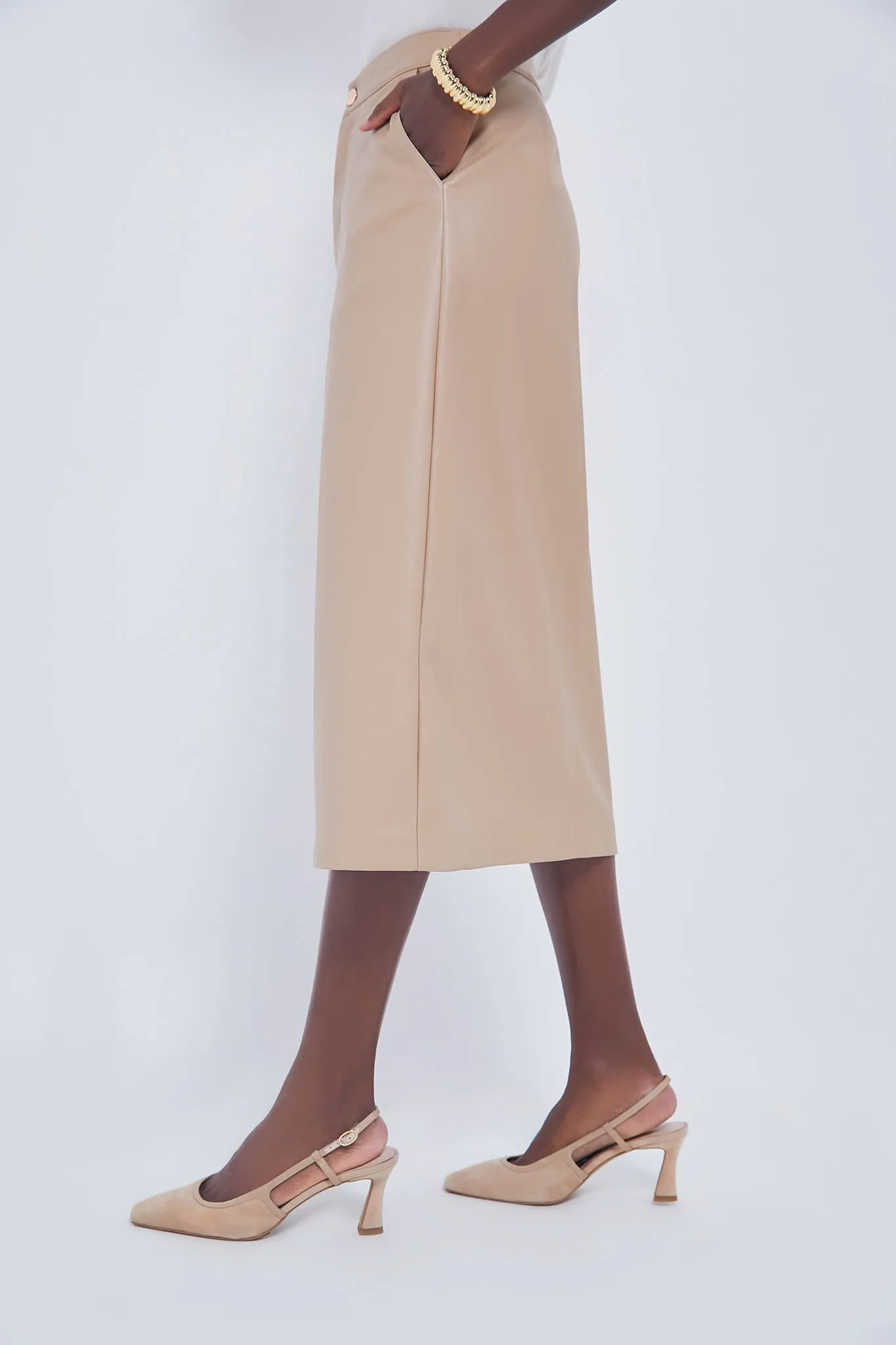 Almond Faux Leather Ingrid Midi Skirt