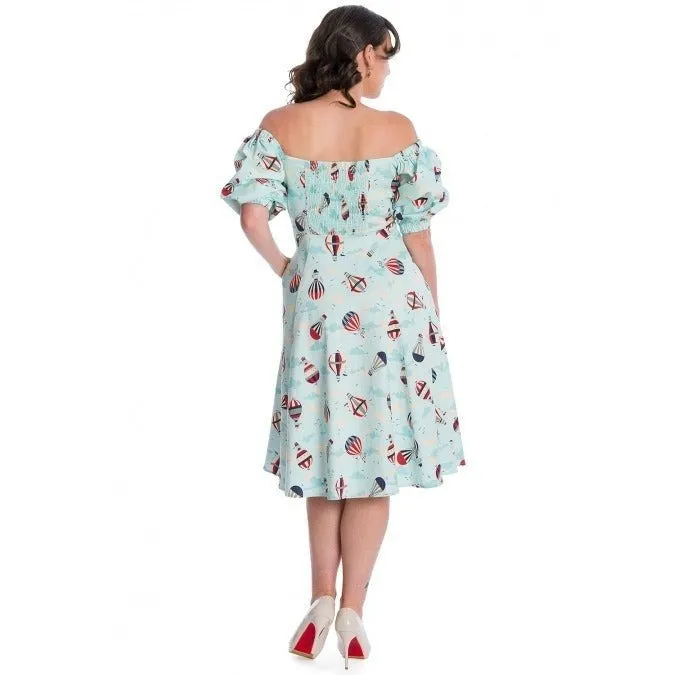 Aqua Blue Hot Air Balloon Print Puff Sleeve Vintage Style Swing Dress