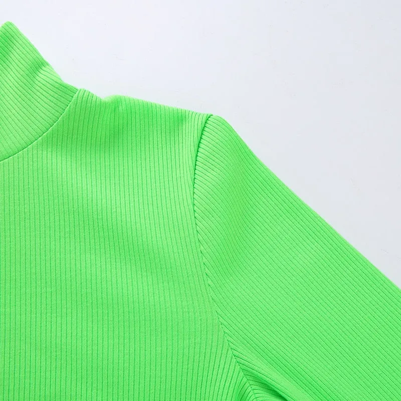 Autumn Winter turtleneck long sleeve neon green t-shirts knitted neon top tee shirt basic Top