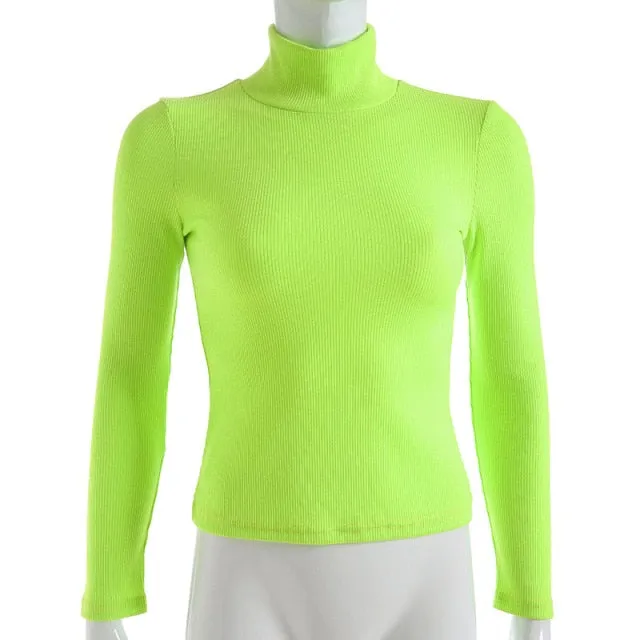 Autumn Winter turtleneck long sleeve neon green t-shirts knitted neon top tee shirt basic Top