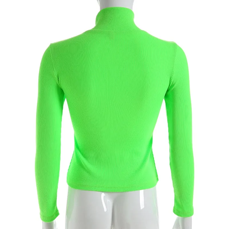 Autumn Winter turtleneck long sleeve neon green t-shirts knitted neon top tee shirt basic Top