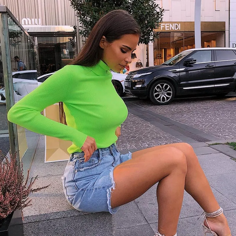 Autumn Winter turtleneck long sleeve neon green t-shirts knitted neon top tee shirt basic Top