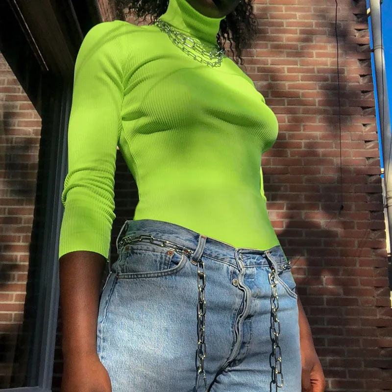 Autumn Winter turtleneck long sleeve neon green t-shirts knitted neon top tee shirt basic Top