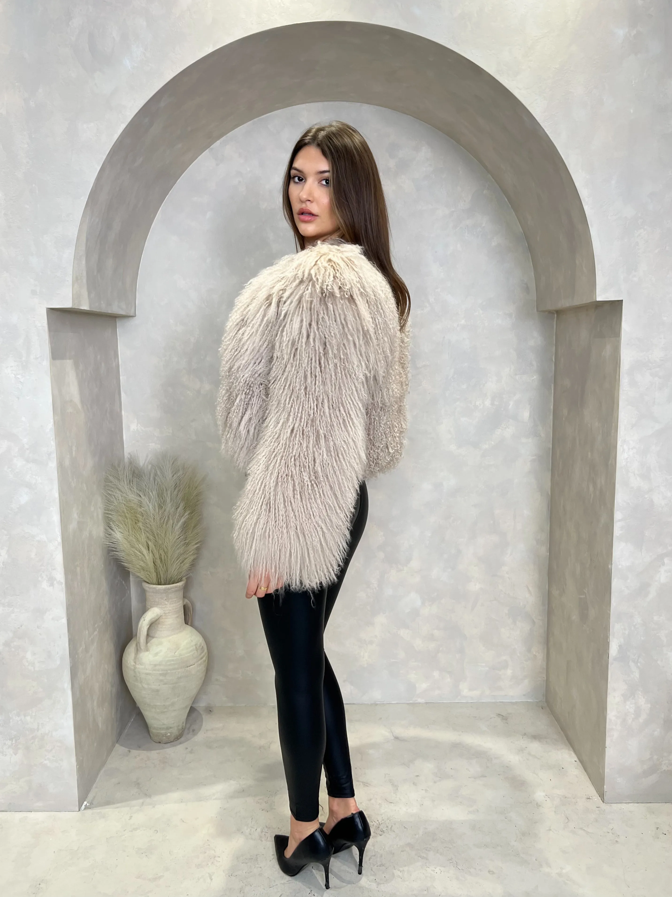 Beige Luxury Mongolian Lamb Fur Coat