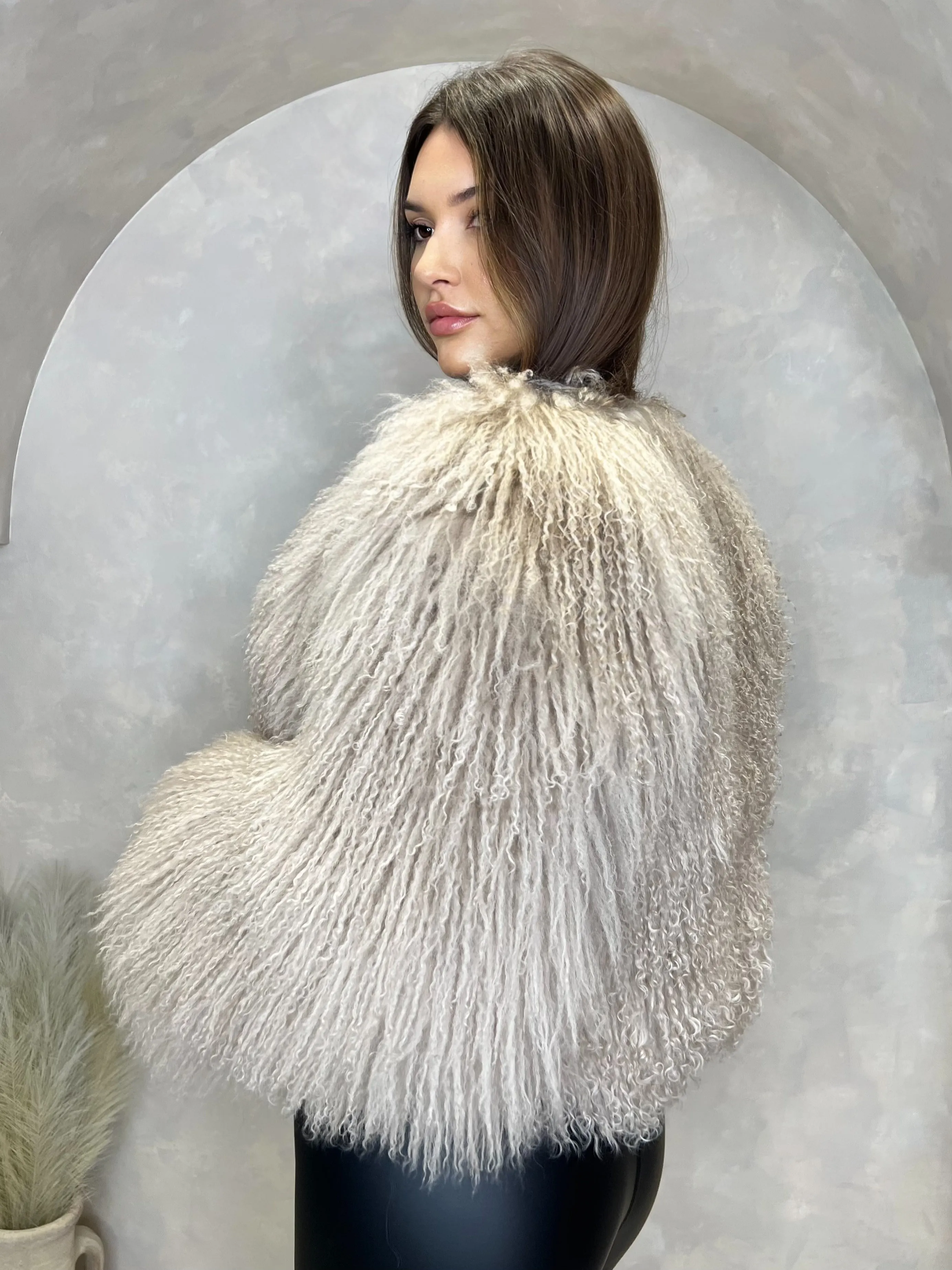 Beige Luxury Mongolian Lamb Fur Coat