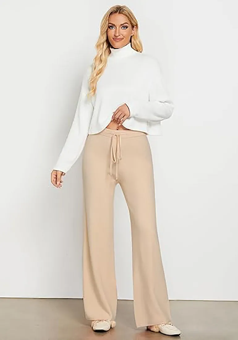 Beige Women's Full-Length Wide Leg Stretch Casual Pants Elastic Waist Relaxed Fit