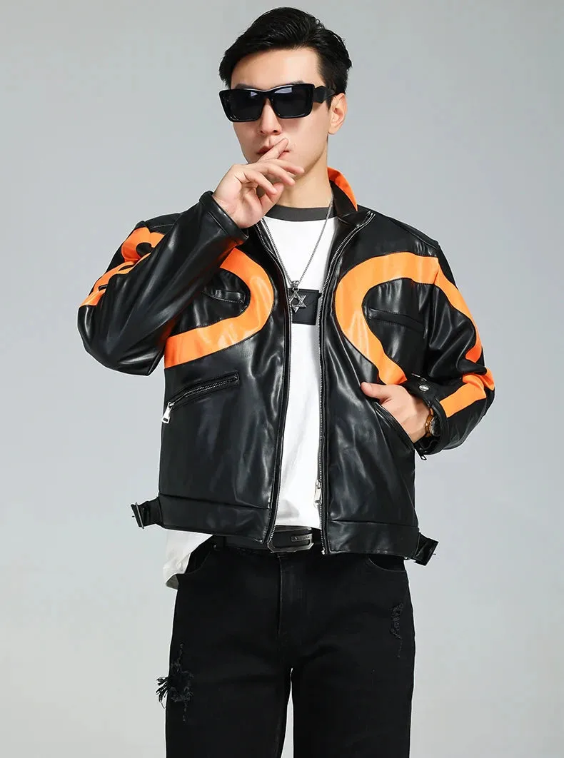 Black Orange Patchwork PU Leather Jacket