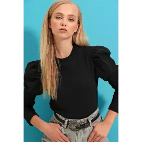 Black Puff Shoulder Turtleneck Top