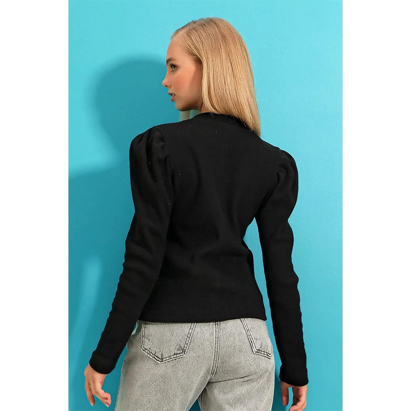 Black Puff Shoulder Turtleneck Top