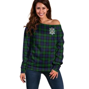 Black Watch Tartan Off Shoulder Women Sweater with Family Crest