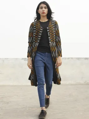 Black Yellow Ivory Hand Woven Ikat Long Jacket With Front Pockets - J06F967