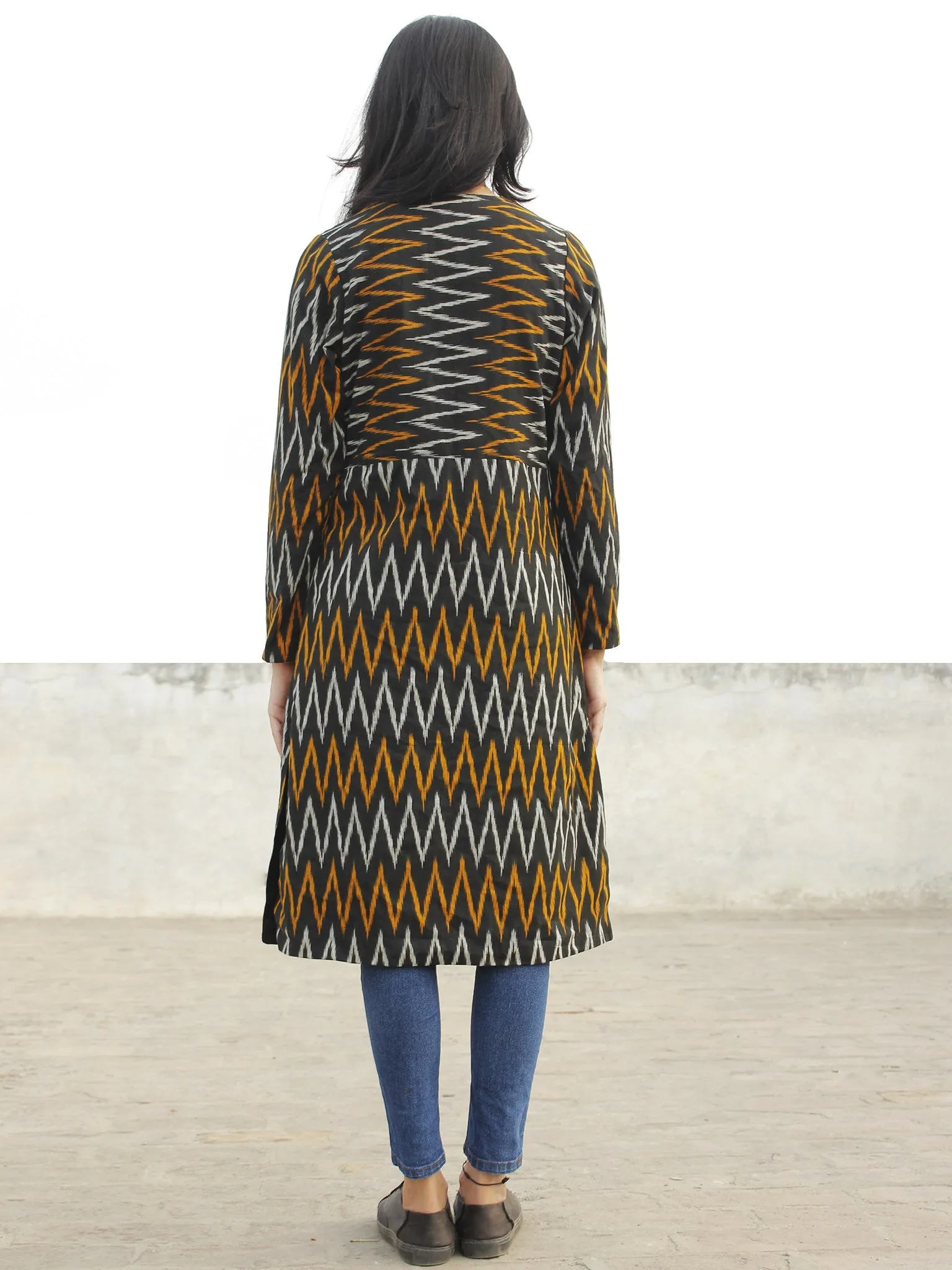 Black Yellow Ivory Hand Woven Ikat Long Jacket With Front Pockets - J06F967