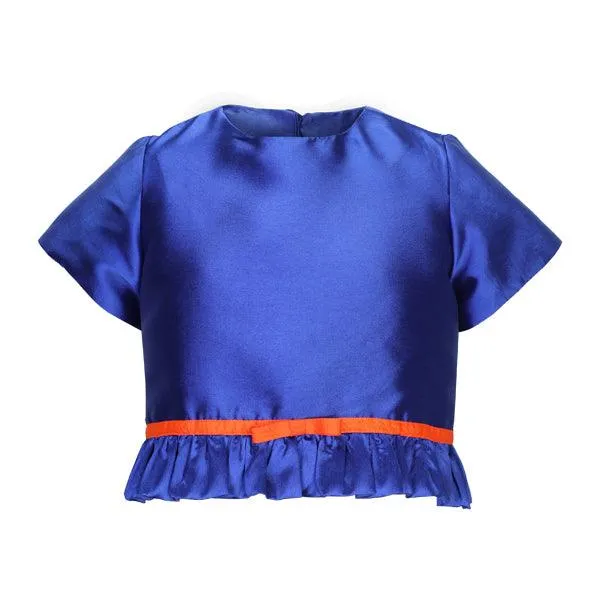 BLUE CROP TOP WITH BOTTOM RUFFLE AND INVERTED PLEAT SKIRT SET WITH HAIRBOW