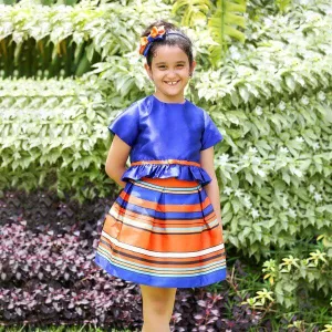 BLUE CROP TOP WITH BOTTOM RUFFLE AND INVERTED PLEAT SKIRT SET WITH HAIRBOW