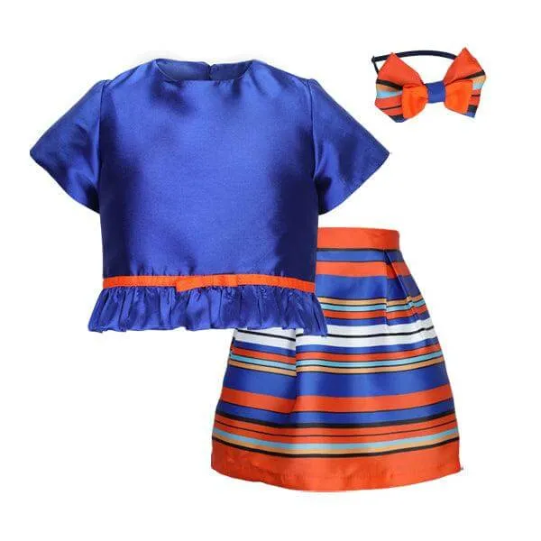 BLUE CROP TOP WITH BOTTOM RUFFLE AND INVERTED PLEAT SKIRT SET WITH HAIRBOW