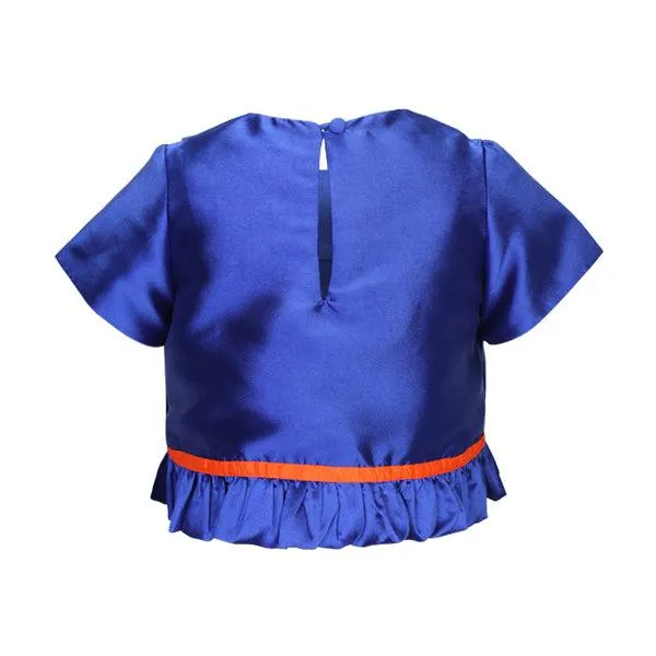 BLUE CROP TOP WITH BOTTOM RUFFLE AND INVERTED PLEAT SKIRT SET WITH HAIRBOW