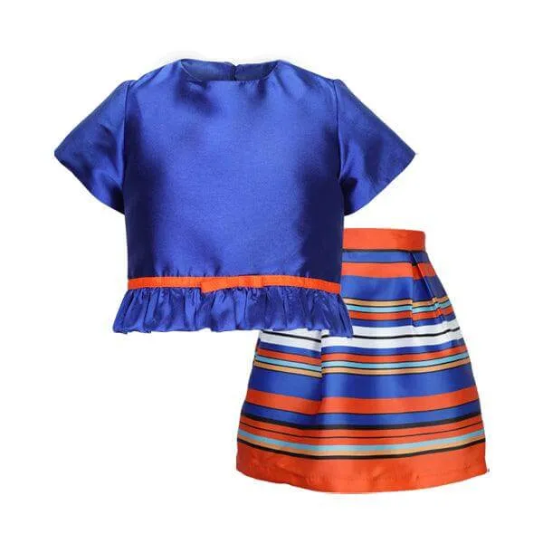 BLUE CROP TOP WITH BOTTOM RUFFLE AND INVERTED PLEAT SKIRT SET