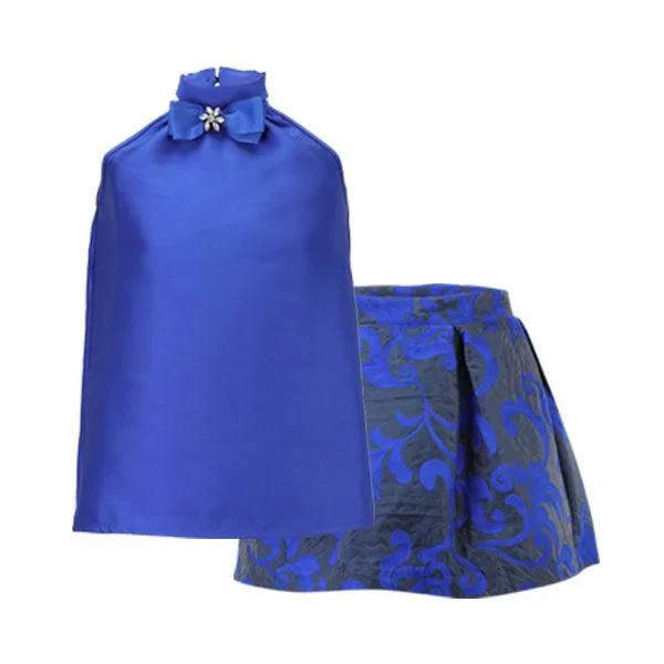 BLUE MIKADO DAMASK SKIRT SET WITH HAIRBOW