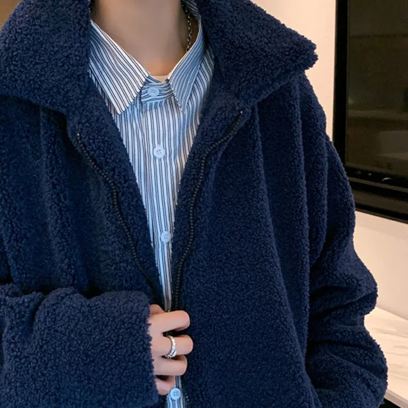 Blue Single Breasted Zipper Closure Wool Coat