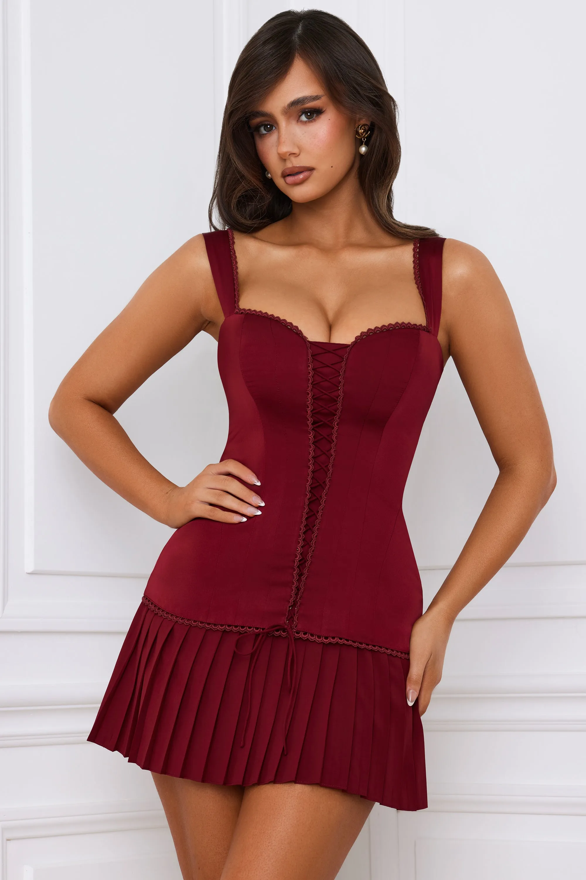 Bow-Detail Lace-Up Corset Mini Dress in Berry Red